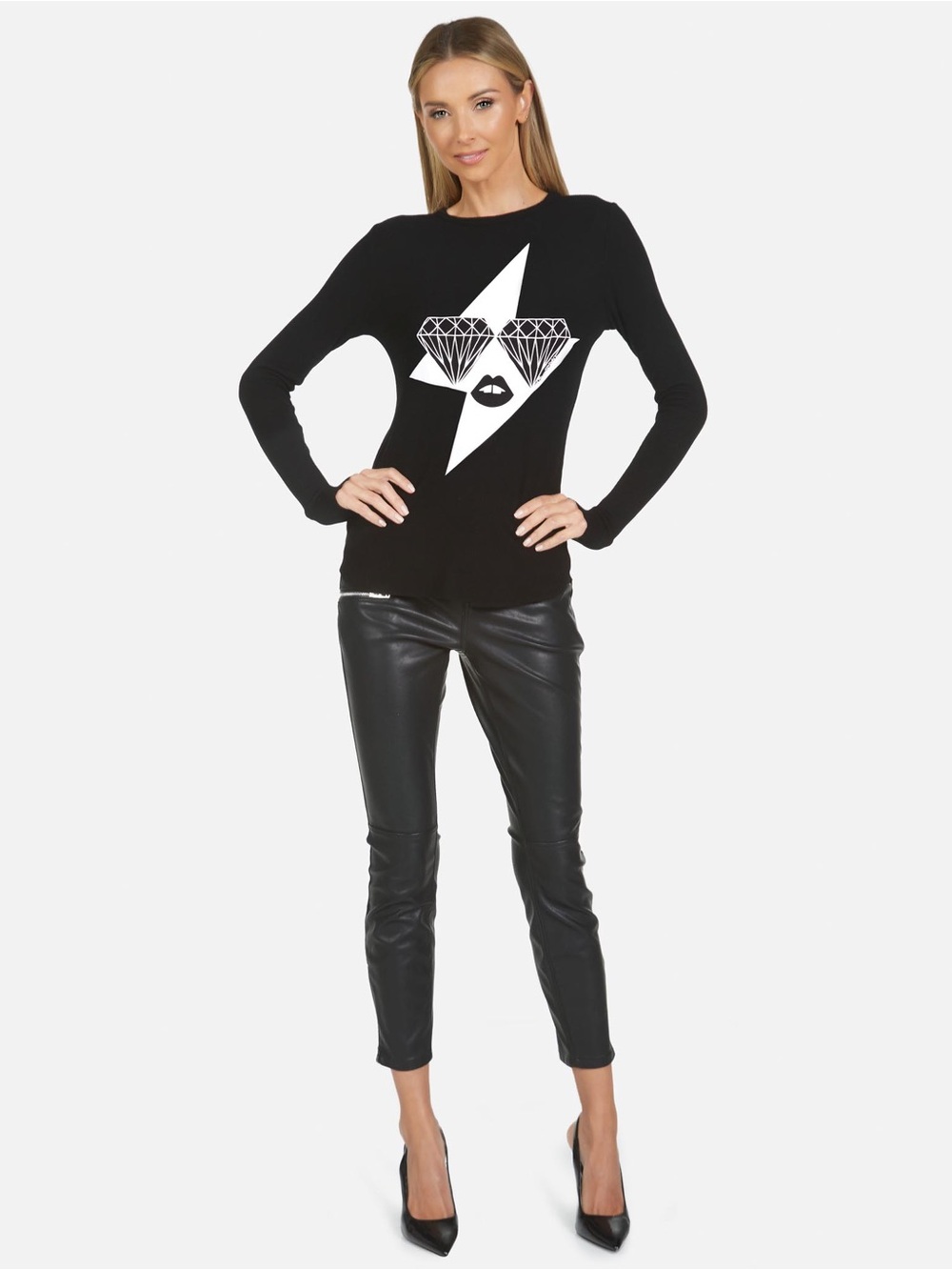 Lauren Moshi Black Long-Sleeve Graphic Pullover with White Star Design